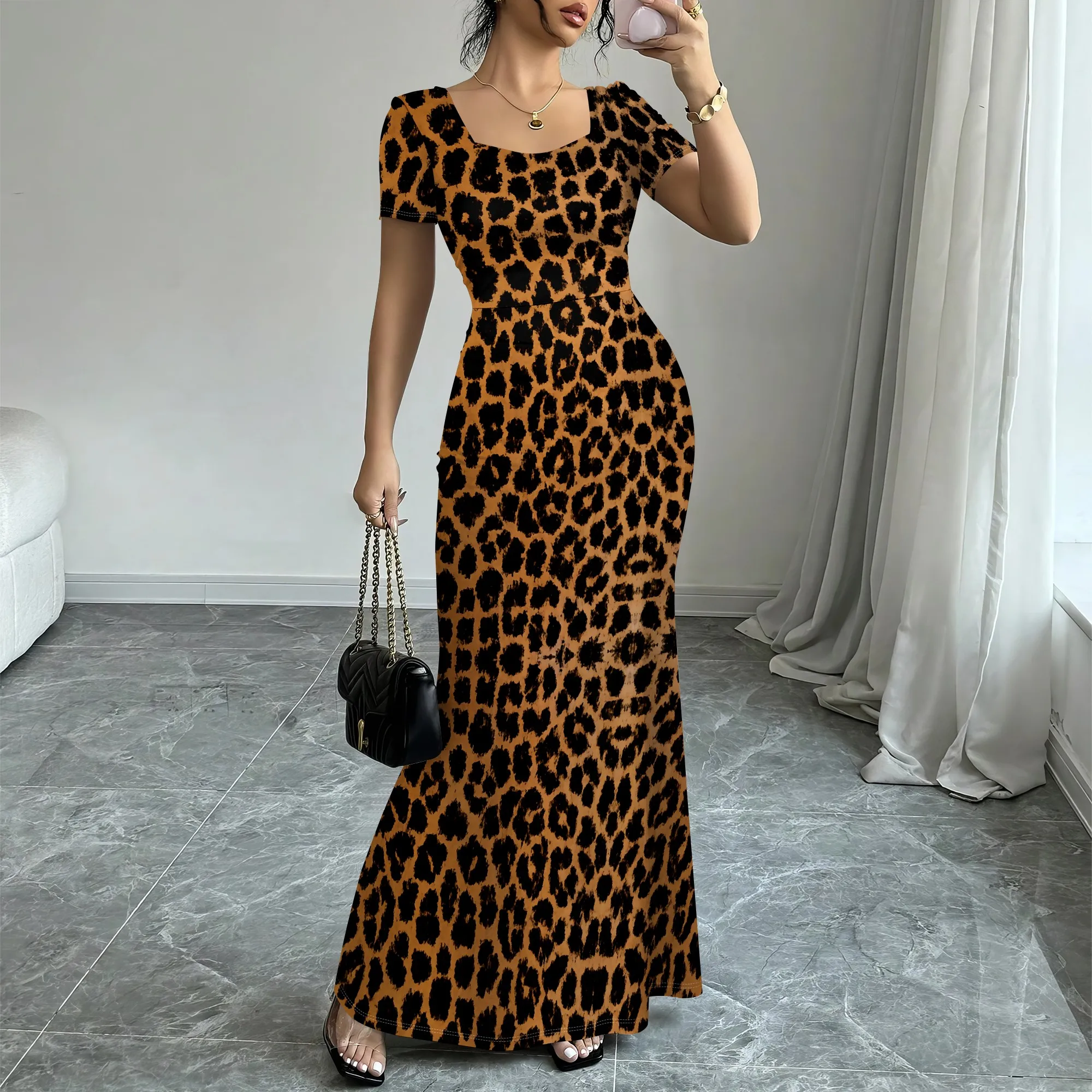 

Leopard Print Bodycon Maxi Dress for Women Summer 2025 Sexy Short Sleeve Party Clubwear XS-3XL