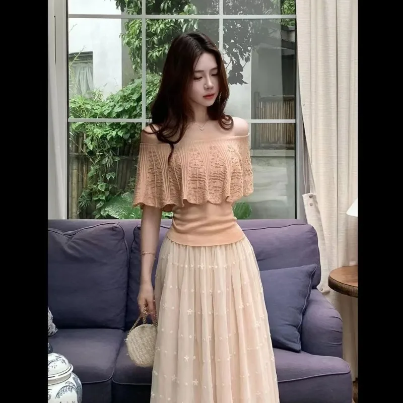 2026 Summer Women Ruffle Hollow Out Knit Top Thin Slim Fit Fashion Casual Elegant Soft Breathable Daily Chic Blouse