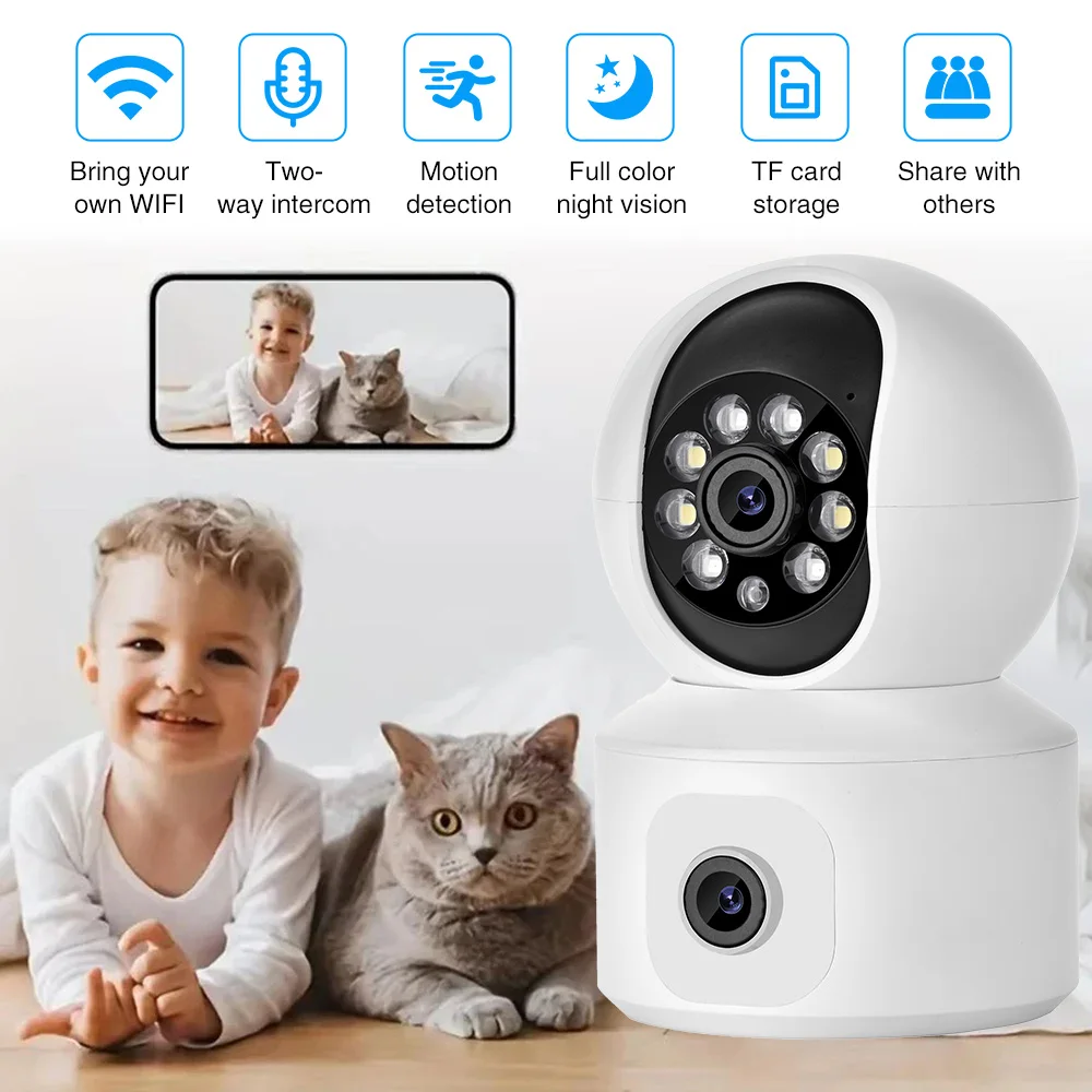 

2-мегапиксельная Wi-Fi IP-камера с двумя объективами и двойным экраном, радионяня, домашняя камера безопасности, PTZ, автоматическое отслеживание, видеонаблюдение, видеонаблюдение