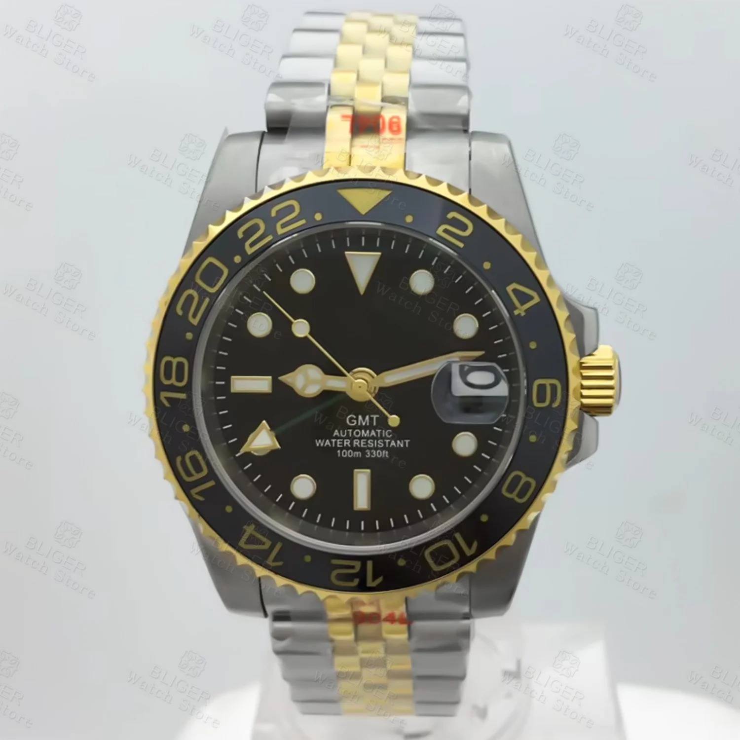 Bliger40mm Gold Silver Case Automatic Men's Watch Sapphire glass NH34 gmt Automatic Date Window Metal strap Ceramicluminousbezel