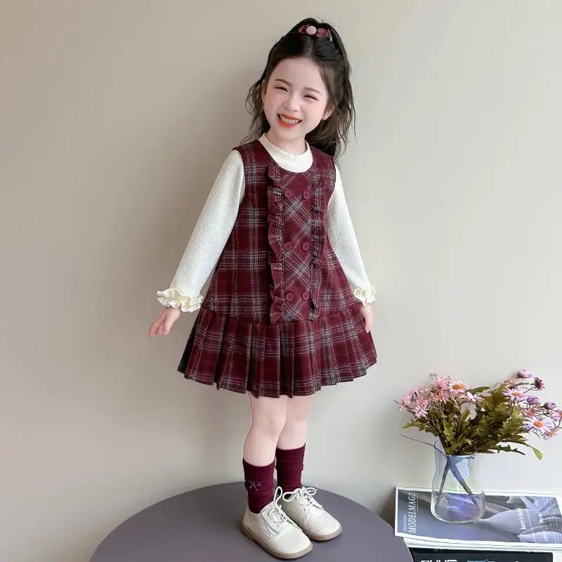 Girls Dress Base Shirt Set Girls College Style Vest Skirt Shirt Children's Spring Autumn New Style Small Fragrance Two-Piece Set
