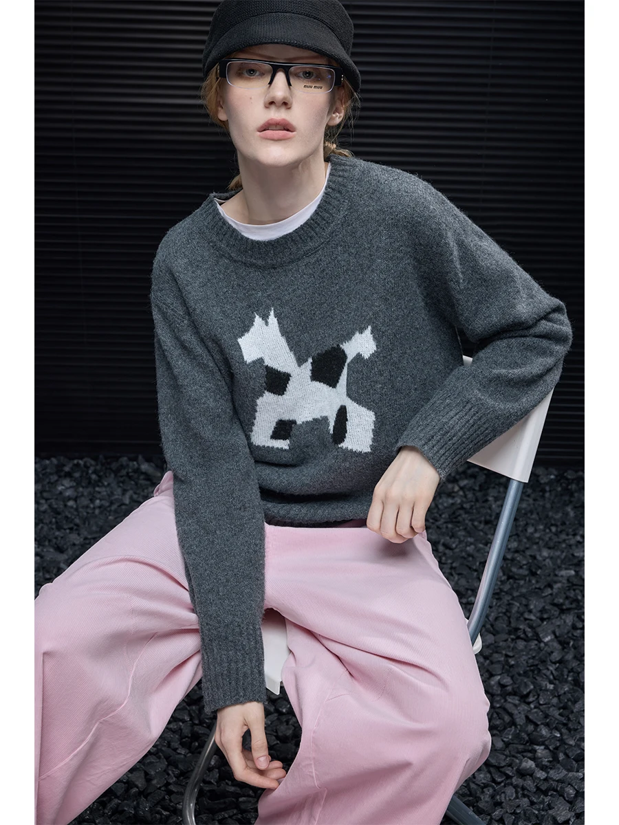 

Женский вязаный свитер с круглым вырезом и принтом, модный уличный стиль, свободный крой, длинный рукав, теплый, осень-зима, новинка