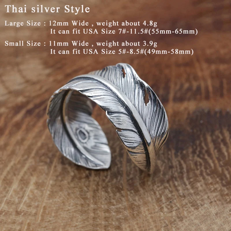Men's Ring 100% Real 925 Sterling Silver Feather Brand Couple Ring Female Jewelry Thailand Silver Vintage Style Rings