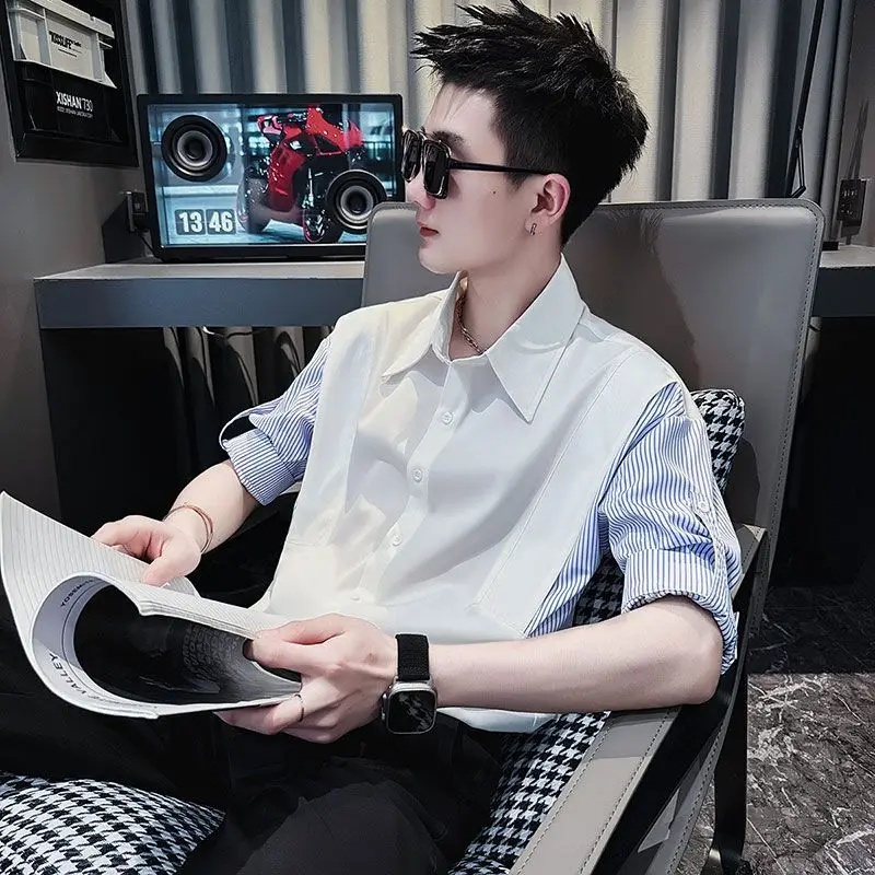 Summer Men Short Sleeve Shirt Casual Striped Spliced Fake Two Piece Fashion Simple Business Casual 2xl Oversized Blouse Tops Tee