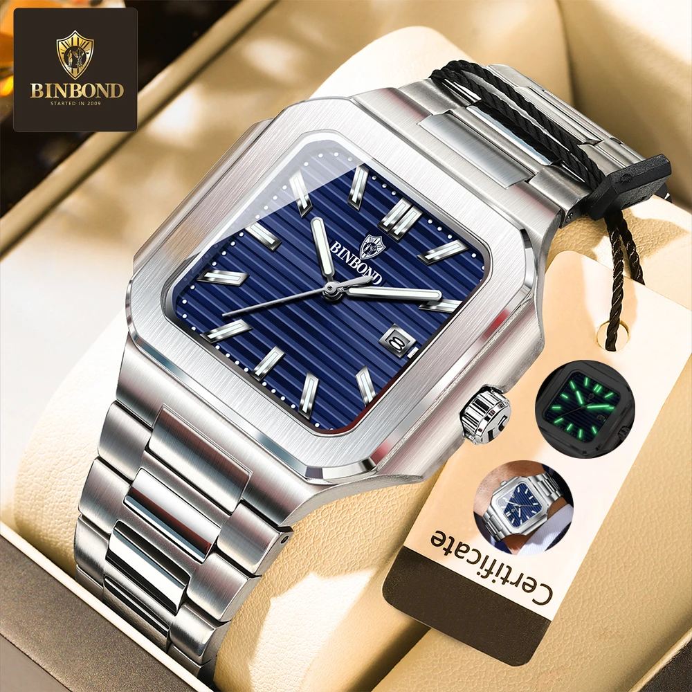 Binbond luxo quadrado esporte homem relógio de pulso à prova dwaterproof água luminosa cronógrafo quartzo relógios masculinos aço inoxidável reloj