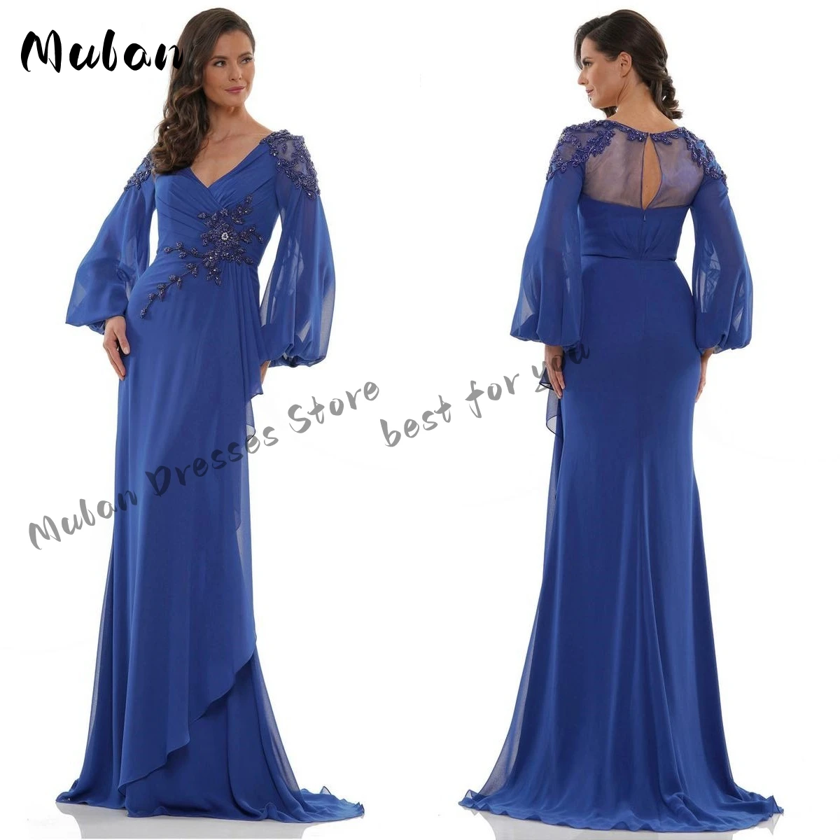 V-neck Chiffon Puff Long Sleeves Mother Of The Bride Dresses With Beaded Appliques Floor-length Elegant Prom Dresses Party Gowns