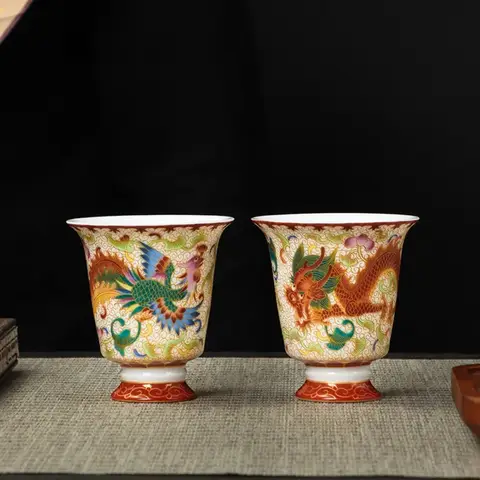 Chinese mainland enamel color dragon and phoenix pair cup kung fu teacup