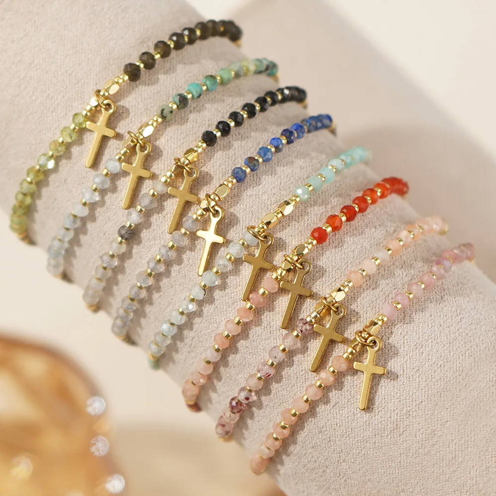

10 Pieces Hot Sell Gold Cross Charms Bracelet MInimalist Boho Women Handmade Faceted Mix Color Jewelry Bracelet