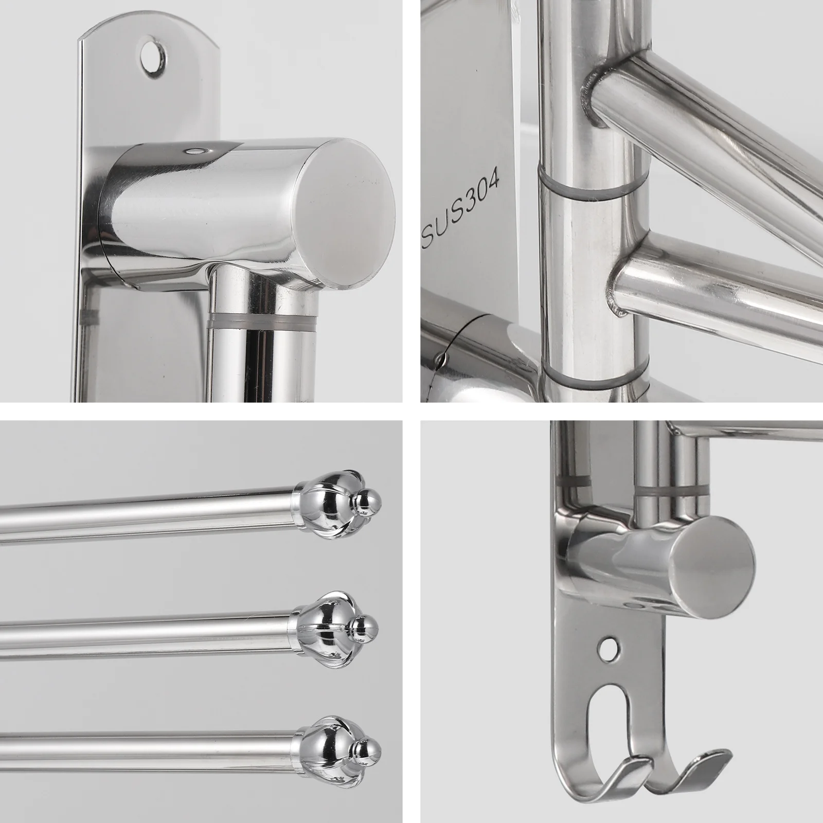 

Stainless Steel Towel Rack No Punching Swivel Design Double Hooks For Bath Face Towels Organizer Heavy Duty Wall Mount