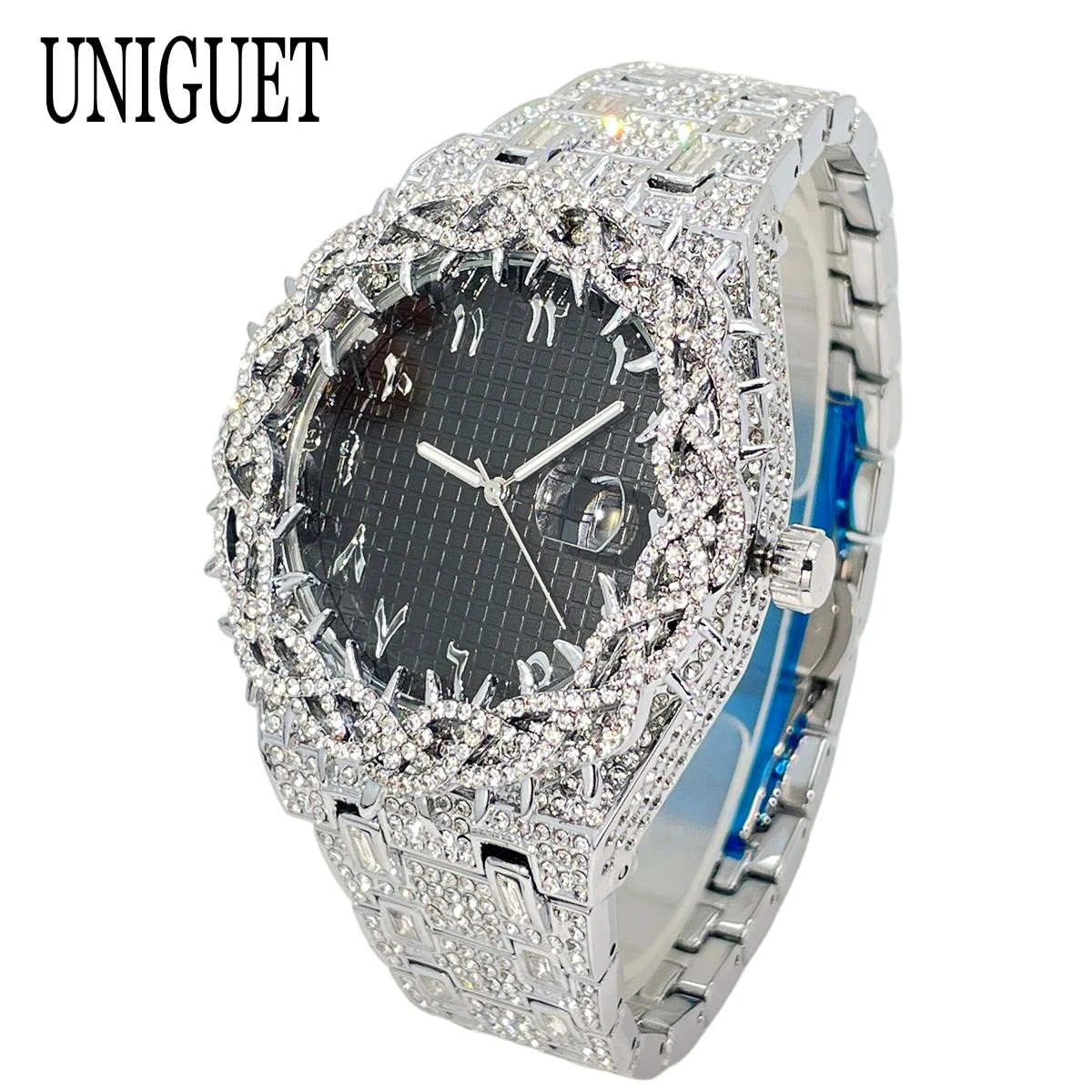 UNIGUET Ice Out Watch For Men Fashion Thorn Design Jewelry Clock Hip Hop Full Diamond Bling Quartz Wristwatch Man 2026 New