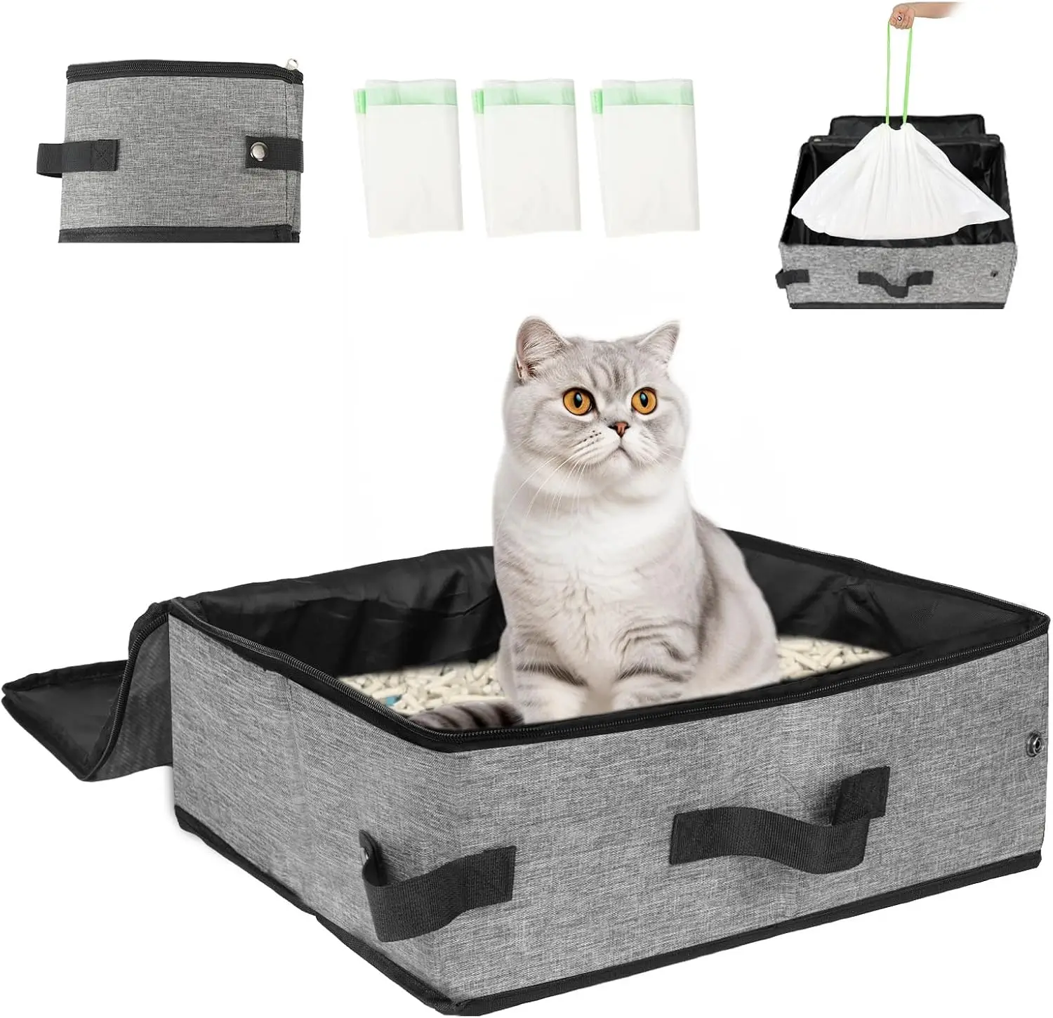 

SZEE Travel Litter Box for Cats with Zipped Lid with 3 Pcs Disposable Liner Bags, Easy Cleaning, Suitable for Pets up to 15lbs, Portable Litter Box for Travel, Car, Hotel, Airplane, Camping - Grey