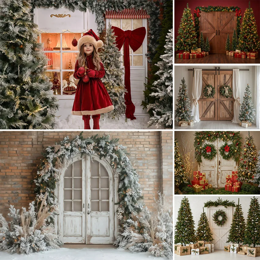 Winter Christmas Retro Grain Warehouse Gate Theme Banner Background, Christmas Party, Home Decoration Photography Backdrop Cloth