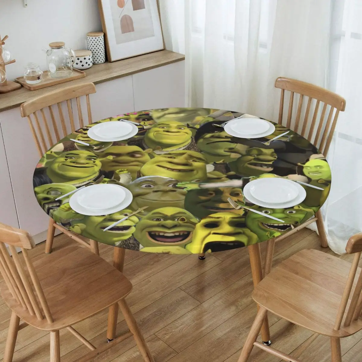 Round Oilproof Disney Shrek Table Cover Elastic American Animation Cartoon Table Cloth Backed Edge Tablecloth for Picnic