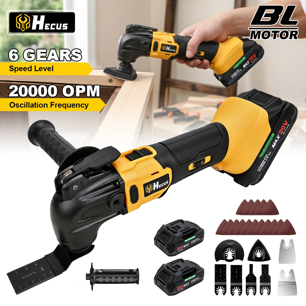 Hecus Utensile Multifunzione Oscillante Elettrico Senza Spazzole 20000OPM 6 Velocità Sega da Taglio Senza Fili per Lavorazione del Legno, Levigatura, Lucidatura, Fai da Te Domestico, Potente Strumento