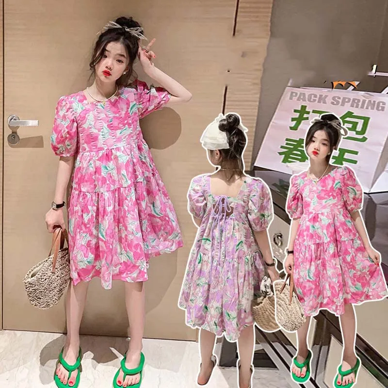 

Детское цельнокроеное платье с цветочным принтом, школьное платье принцессы для девочек-подростков с рукавами-пузырьками, лето 2024