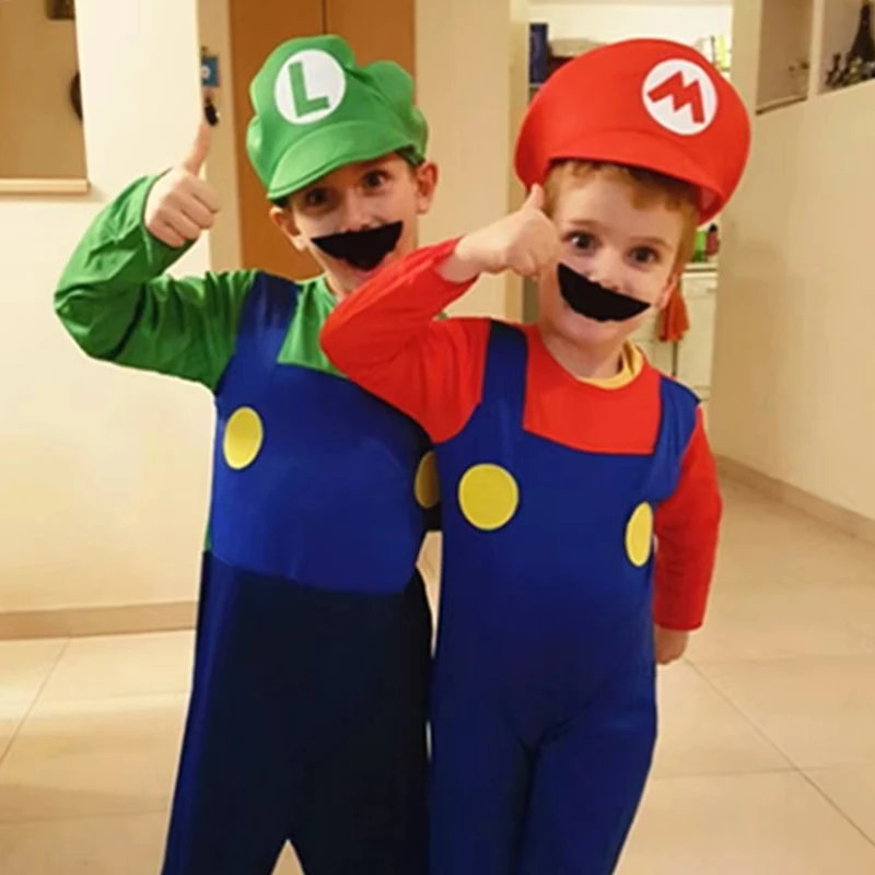 Child Super Mari Bros Cosplay Costumes Kids Anime Fantasy Romper Boy Girl Halloween Party Long Sleeve Dress Hat Costume