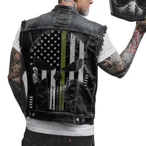 Vintage Skull Jean Jacket Men Motorcycle Denim Vest Large Size Fashion Male Spring Summer Autumn Streetwear Waistcoat