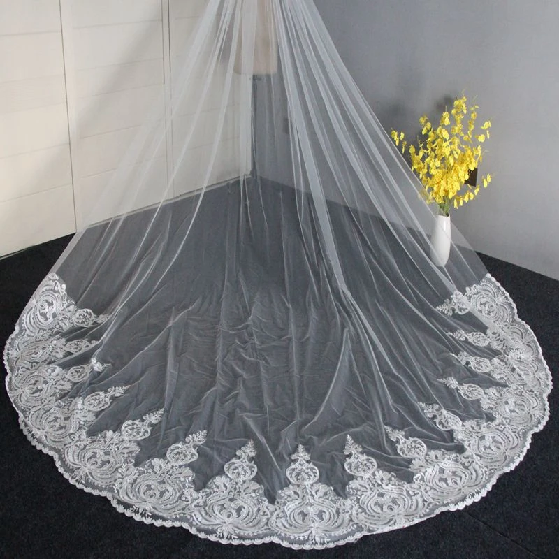 Eleganter weißer elfenbeinfarbener Kathedralen-Hochzeitsschleier, Spitzenapplikationen, Perlen, Brautkopfbedeckung, Welon Casamento, Brautschleier, Veu de Noiva