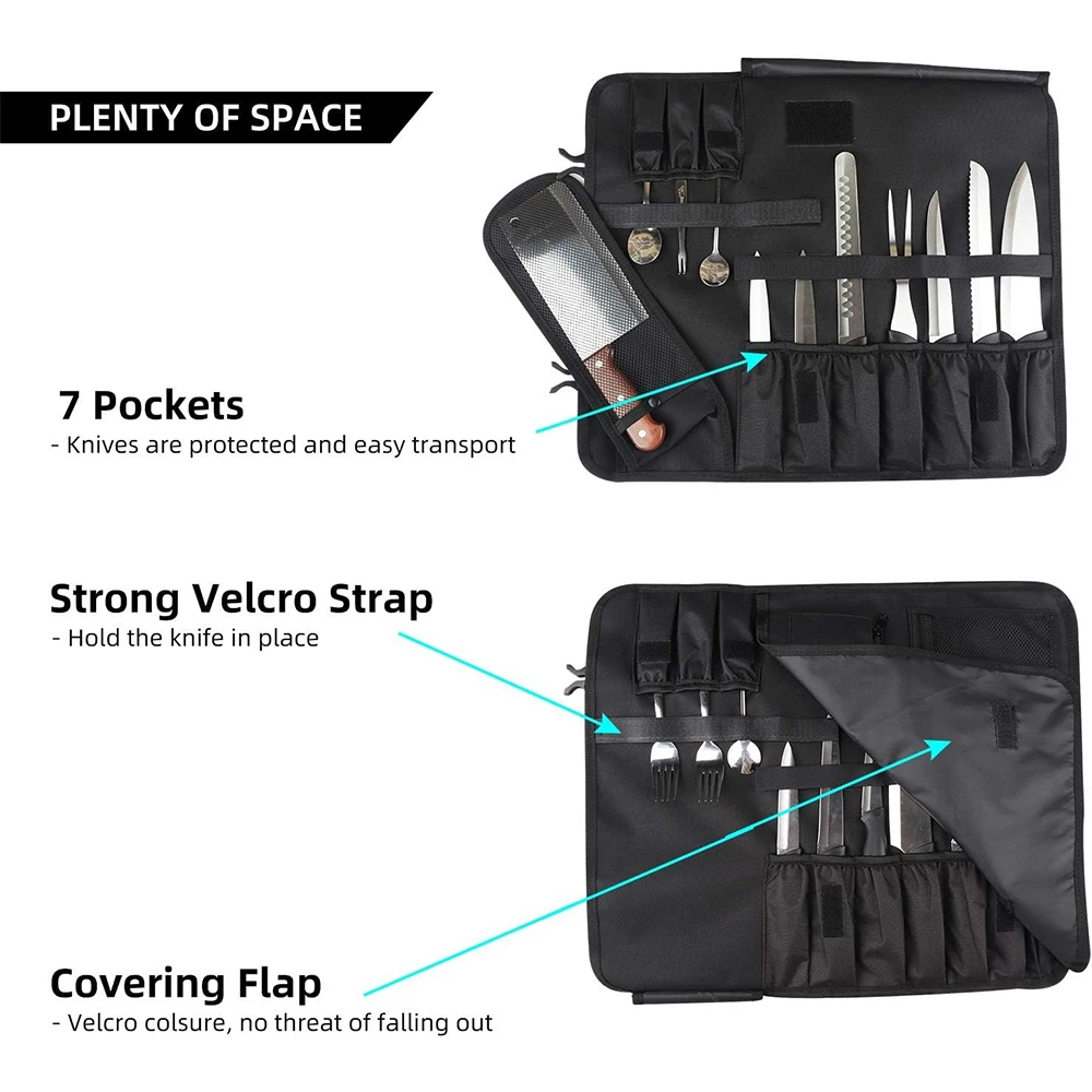 WESSLECO Portable Chef Knife Roll Bag With Adjustable Straps Kitchen Cooking Chef Knife Carrying Storage Pockets For Cooking Too