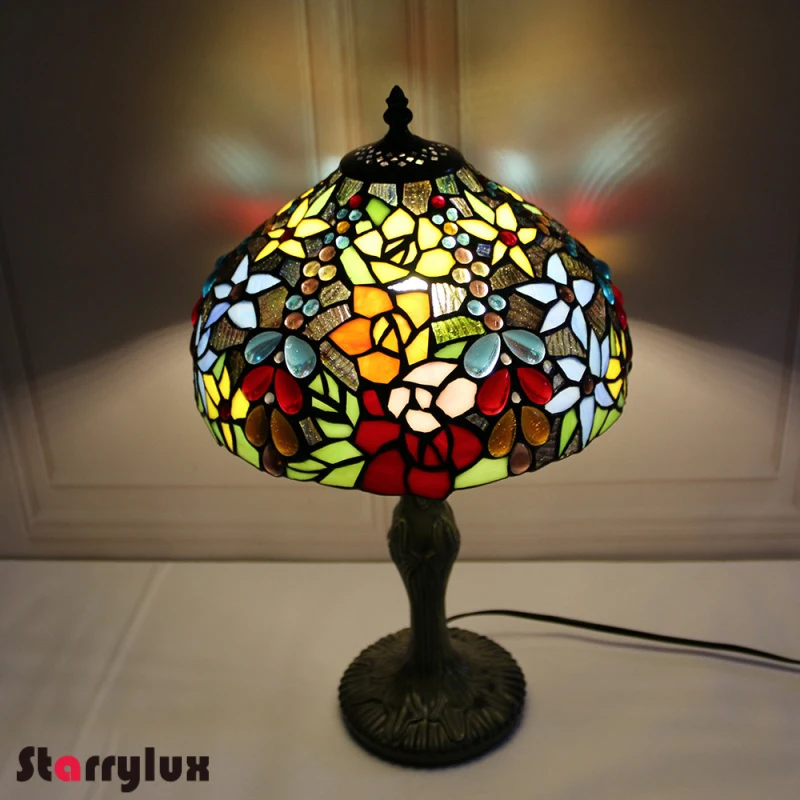 8/12 Inch  Flower Table Lamp Stained Glass Bedroom Night Light Eye Care Resin Base Vintage