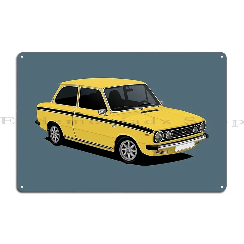Daf 66 sedan marathon car illustration yellow with black stripes Metal Garage Plaques Bar Character Wall Decor Tin Sign Poster