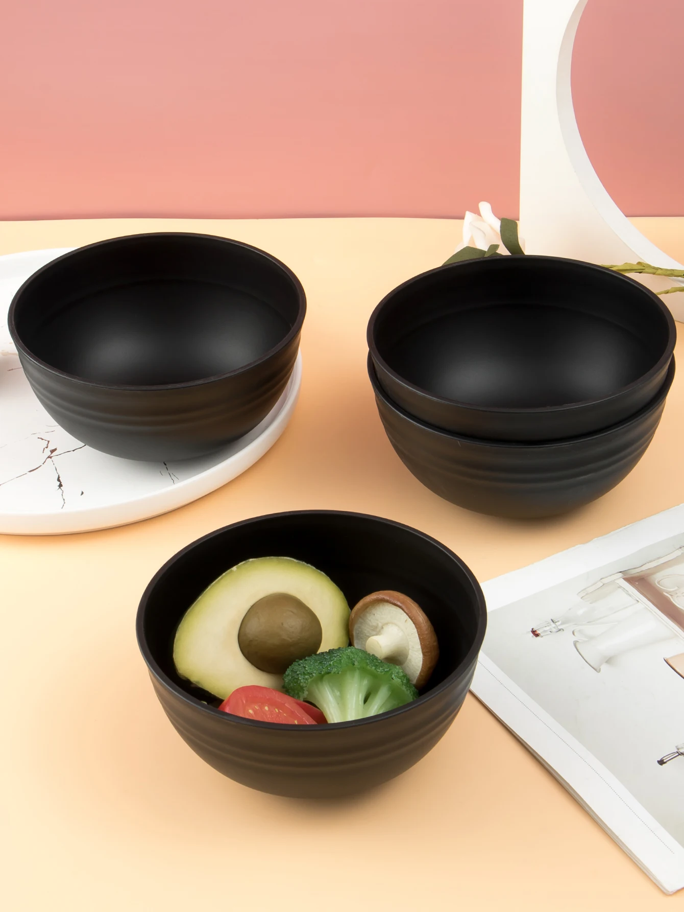 4/6/8pcs  Black grain bowl Reusable household plastic dinner bowl can hold food dessert grain outdoor camping bowl