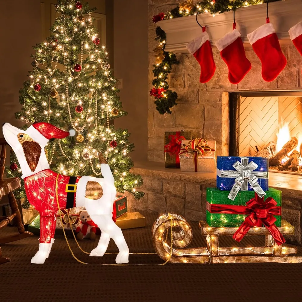 Lighted Christmas Dog with Sleigh & Gift Boxes Combo Decorations, Xmas Lighted Indoor Decorations, Pre-lit Christmas De