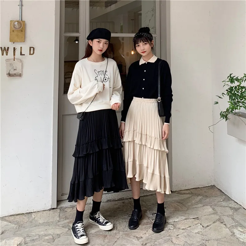 Long Skirts Womens Spring Summer Irregular Pleated Skirt Female Ruffle All-Match A-Line Skirt Faldas Jupe Femme