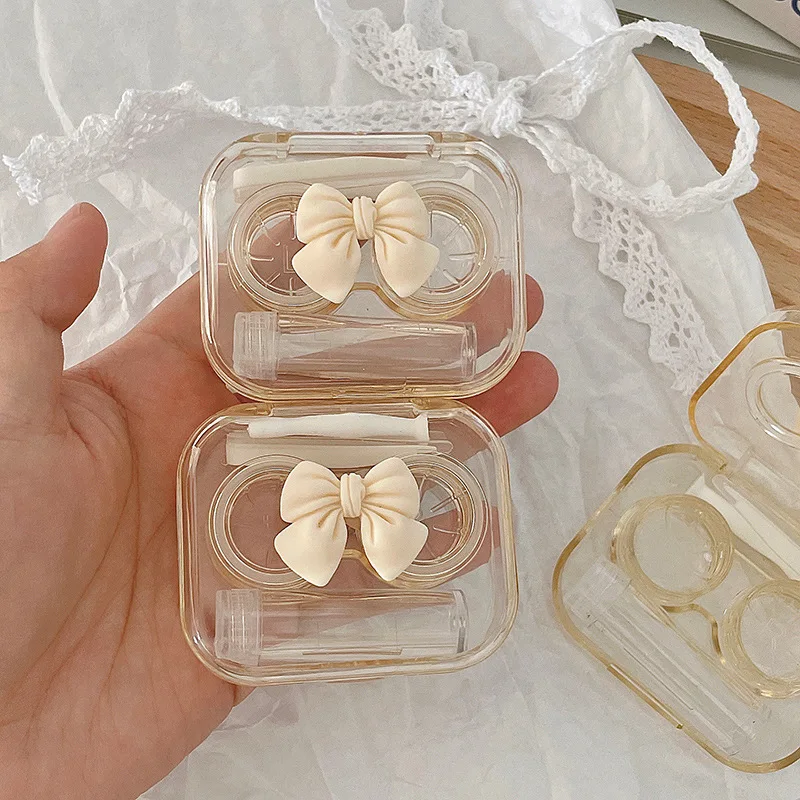 Contact Lens Cases Pink Bow Transparent Contact Lens Case Girl Portable Beauty Pupil Box Storage Eye Care Container Box