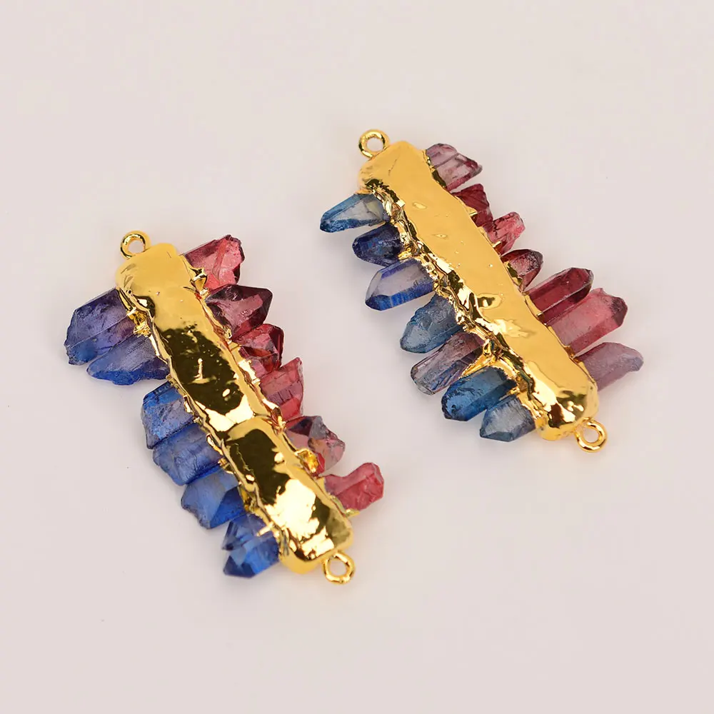 5 Pcs Big Natural Blue Red Color Quartz Rough Beads Double Rings Connector Pendant Jewelry Making DIY