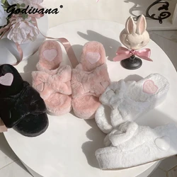 Original Winter Women Girls Bow Sweet Cute Cotton Slides Height Increasing Plush Love Heart Slides Home Shoes