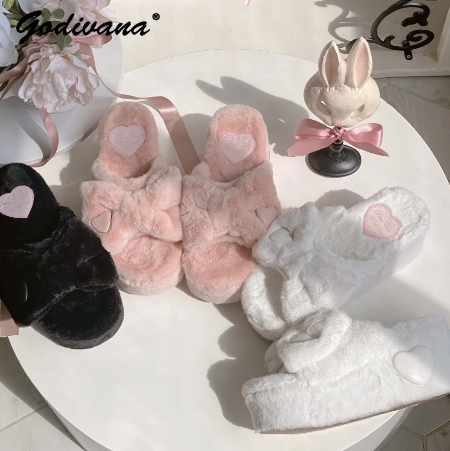 Original Winter Women Girls Bow Sweet Cute Cotton Slides Height Increasing Plush Love Heart Slides Home Shoes