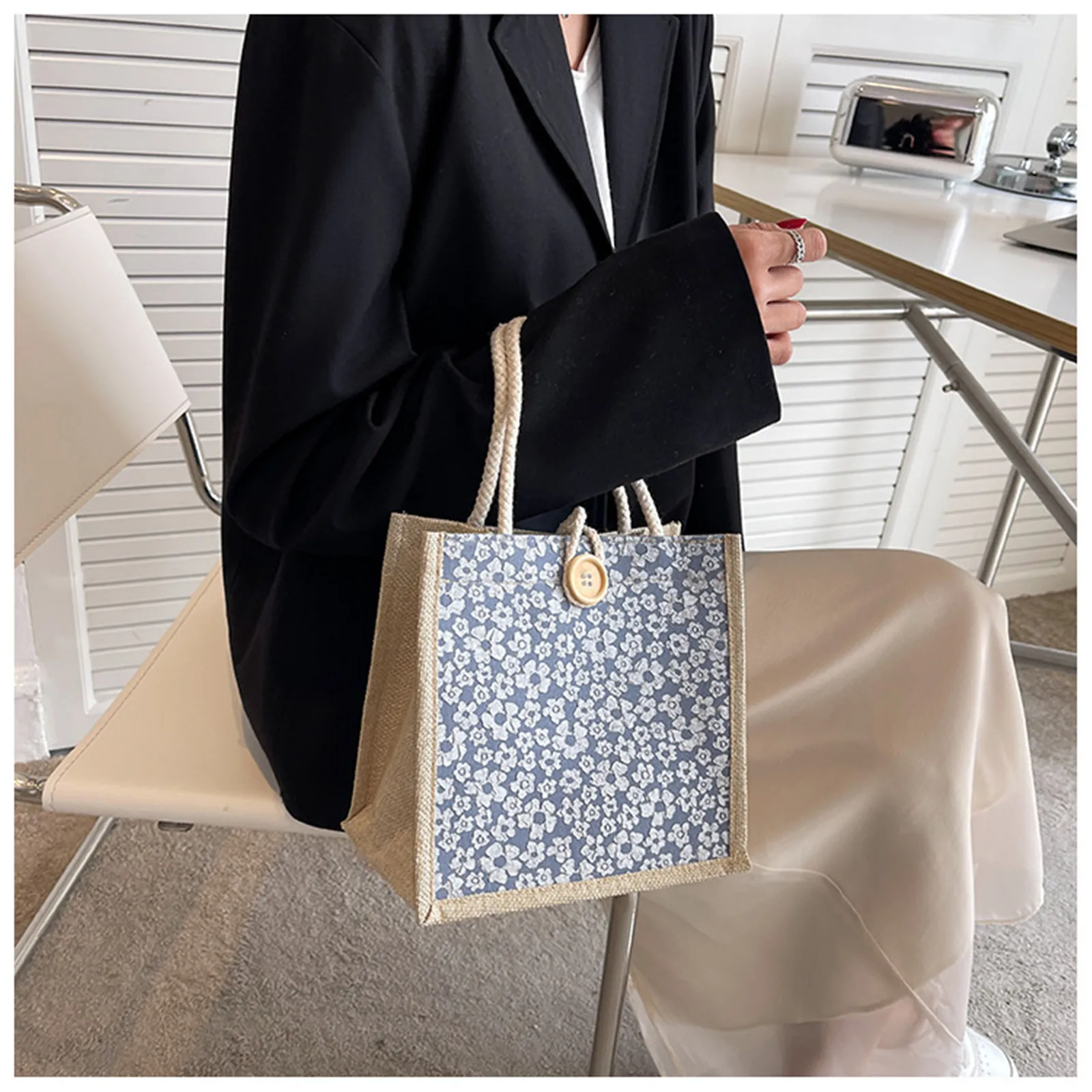 Linen Button Zipper Top Handle Handbag Gift Packing Bag Flower Pattern Large Grocery Bag Women Beach Tote Portable Lunch Bag