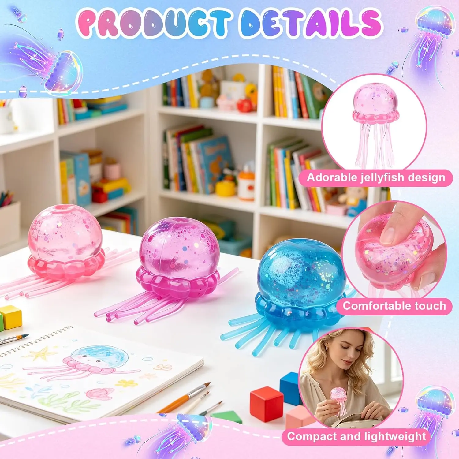 

Jellyfish Shape Squishy Squeeze Toys, Soft Slow Rising Jelly Fish Stress Relief Squishy Ball, Anxiety Relief Portable Pocket Fidget Sensory Toy, Classroom Party Favor Goodie Bag Stuffer Birthday Holiday Gift for Kids Teens Adults (Blue)