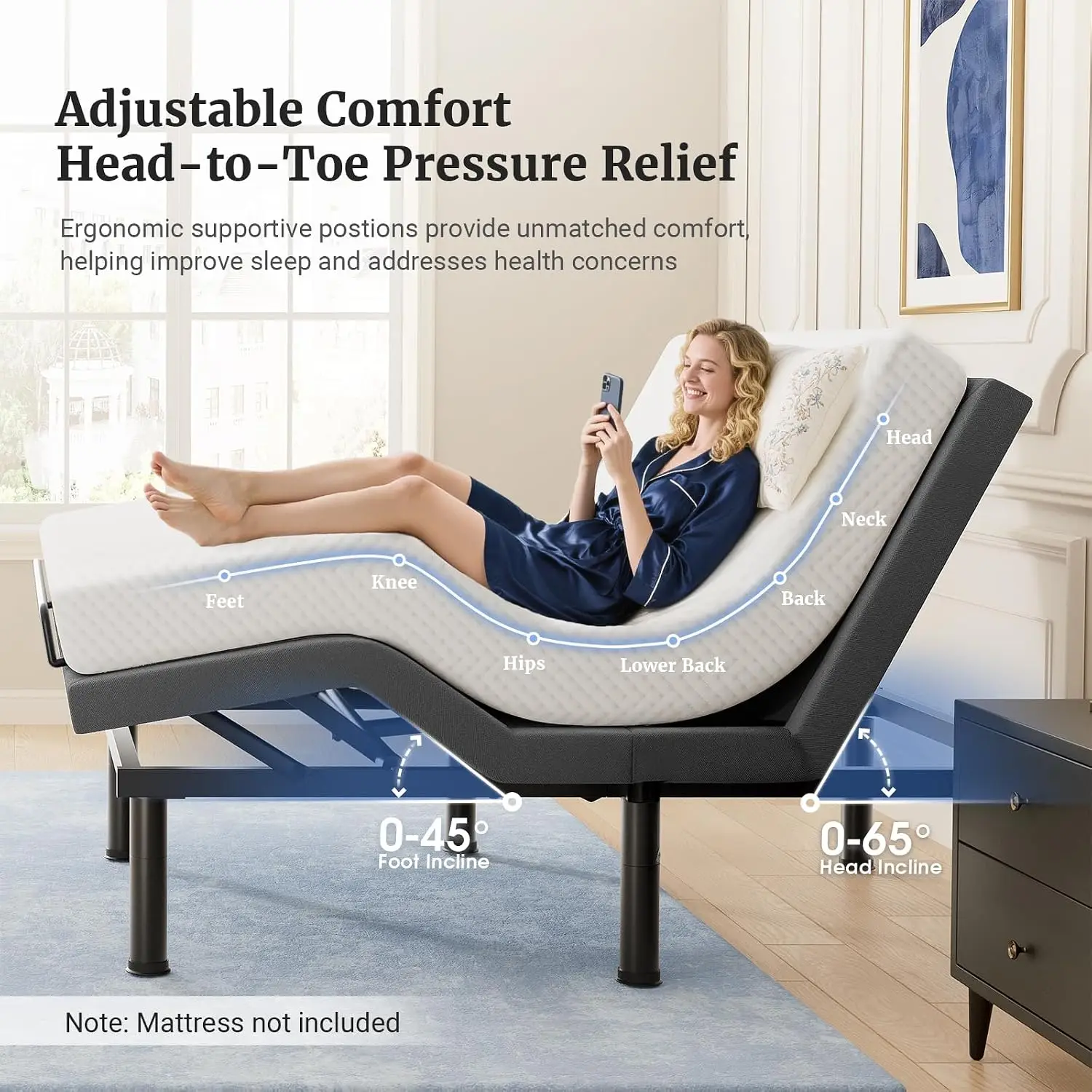 Queen Adjustable Bed Frame, Ergonomic Base with Head & Foot Incline, Zero Gravity, Nightlight, Quiet Motor, Customized