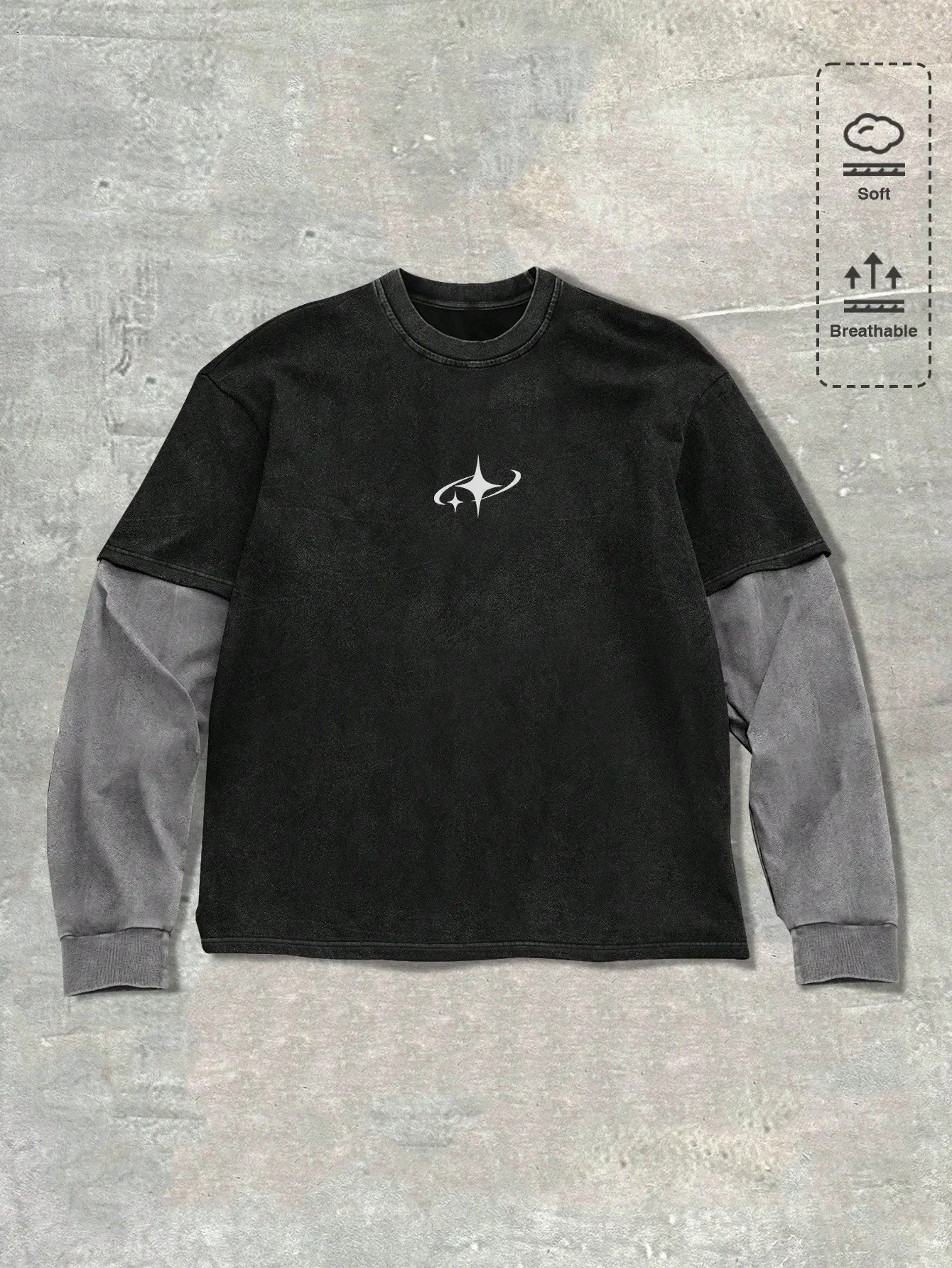 

Мужская повседневная футболка с длинным рукавом, контрастными вставками и принтом в виде звезд