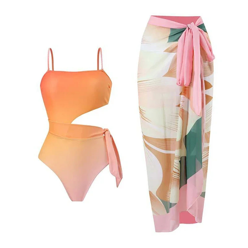 One Piece Swimsuit Women Hollow Out Beachwear Print Chiffon Cover-Ups Wrap Skirt Summer 2026 New Sexy Female Bathing Suit