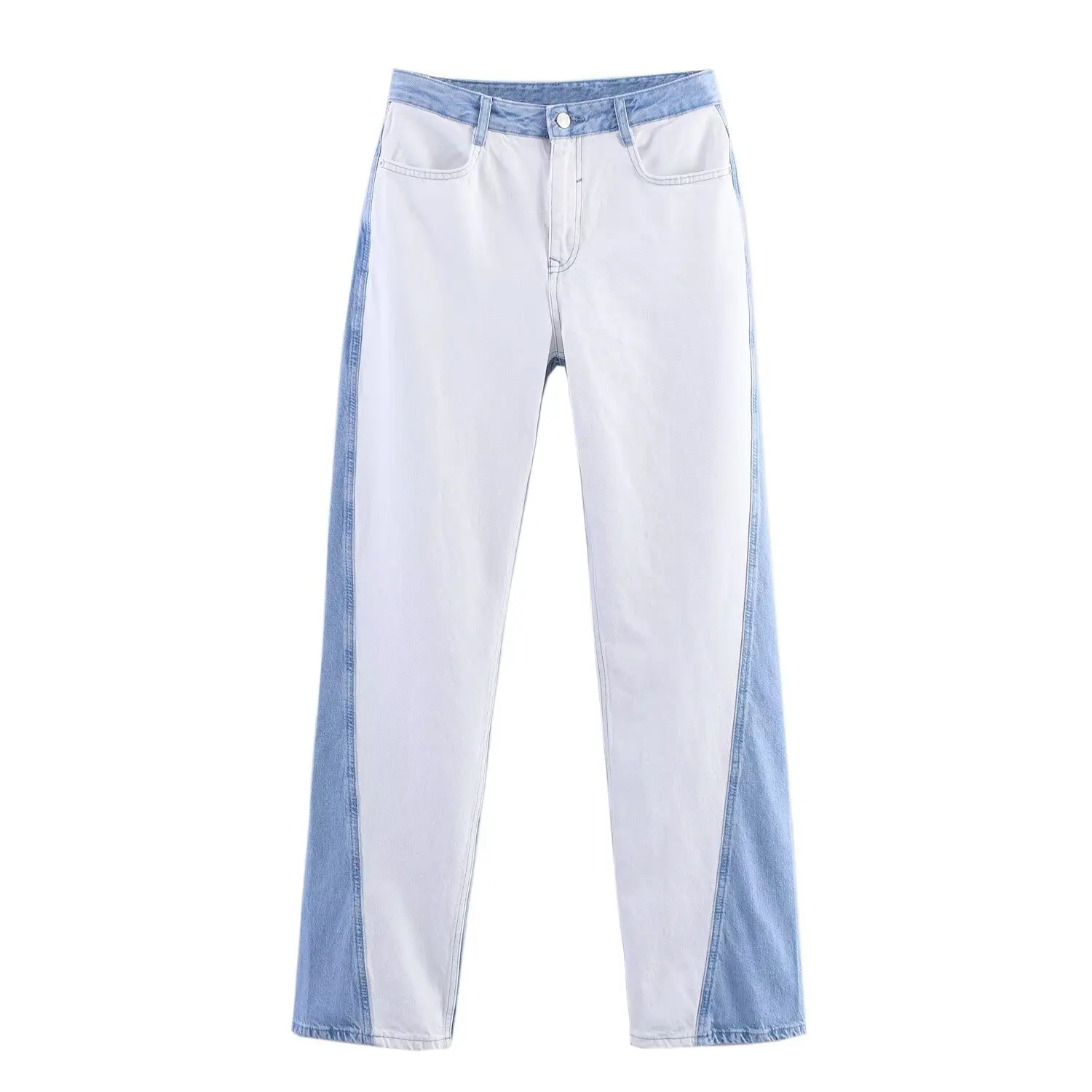 Chaqueta de manga larga con una hilera de botones para mujer, traje vaquero de retales, pantalones con botones de cintura alta, conjunto de dos piezas de mezclilla para primavera y otoño