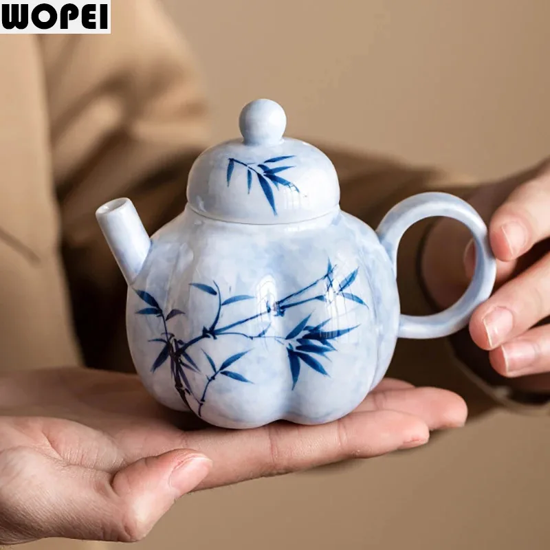 Hand Drawn Ceramic Teapot Single Pot Handmade Filtered Teapot Household Tea Infuser Ink Dyed Blue Bamboo Kung Fu Tea Set