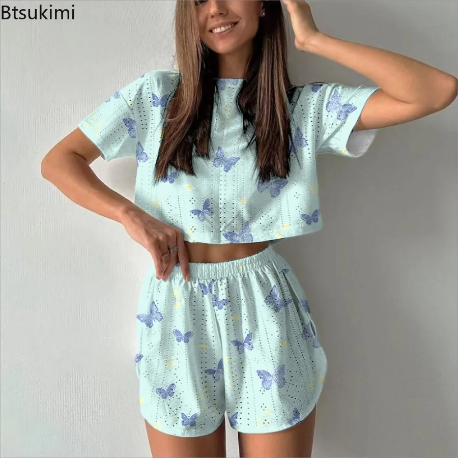 New 2025 Women's Print Pajamas Set Summer Casual Short Sleeve Tops Shorts Sleepwear 2 Piece Set Loose Round Neck Home Loungewear
