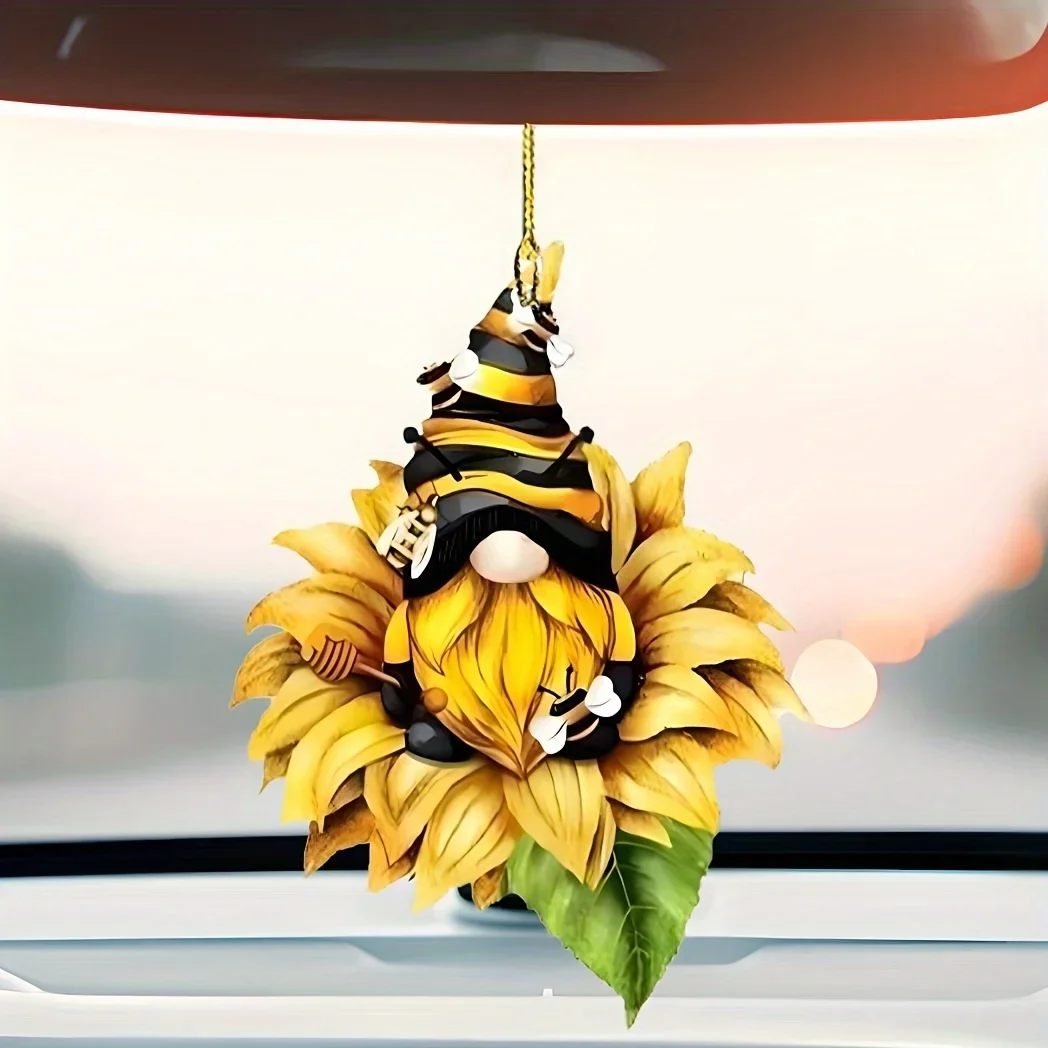 

1 Whimsical Sunflower Bee Gnome accessory - Charm of car and garden suspension, cute pendant of rearview mirror, joyful