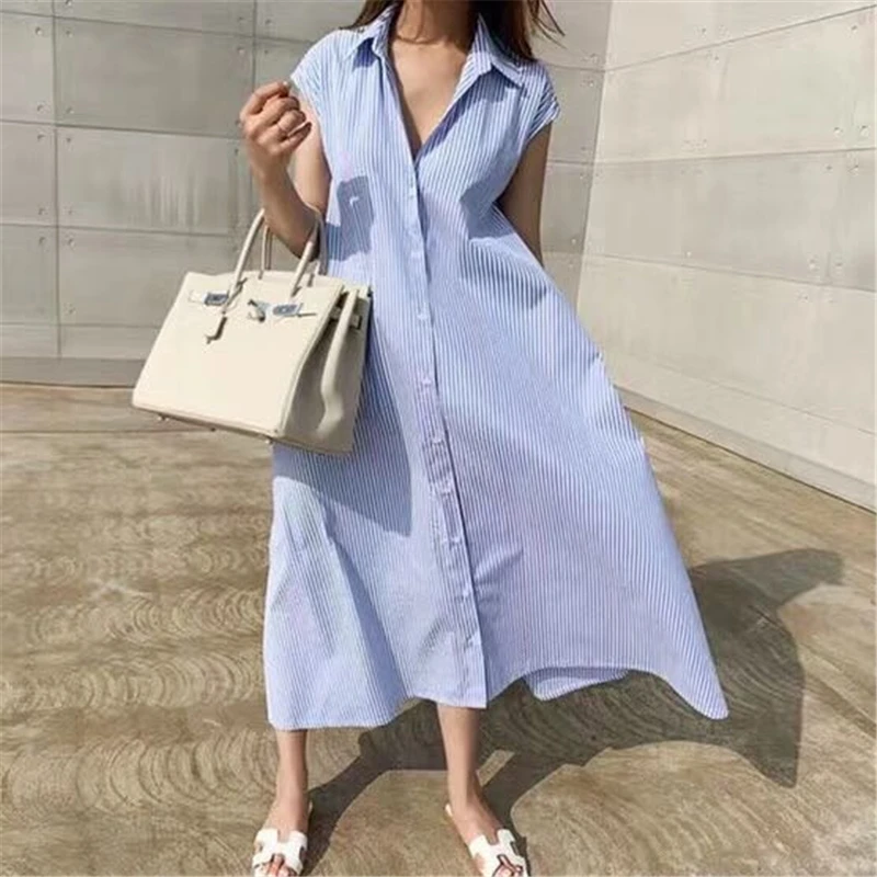 REALEFT Camicia da donna a righe vintage estiva Abiti 2025 Nuova vita alta monopetto senza maniche Abito casual allentato femminile