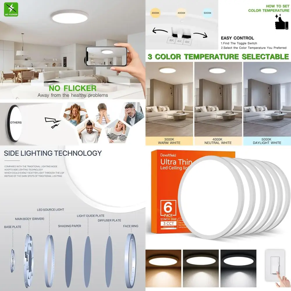 

12-Inch 24W Dimmable LED Ceiling Light Fixture, 2400 Lumens, 3000K-5000K CCT, Ultra-Thin Modern Design for Bedrooms and Hallways