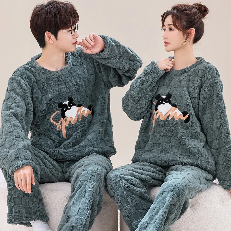 M-4XL Couple Pajama Set Winter Women and Men Warm Sleepwear Thick Flannel Pyjamas