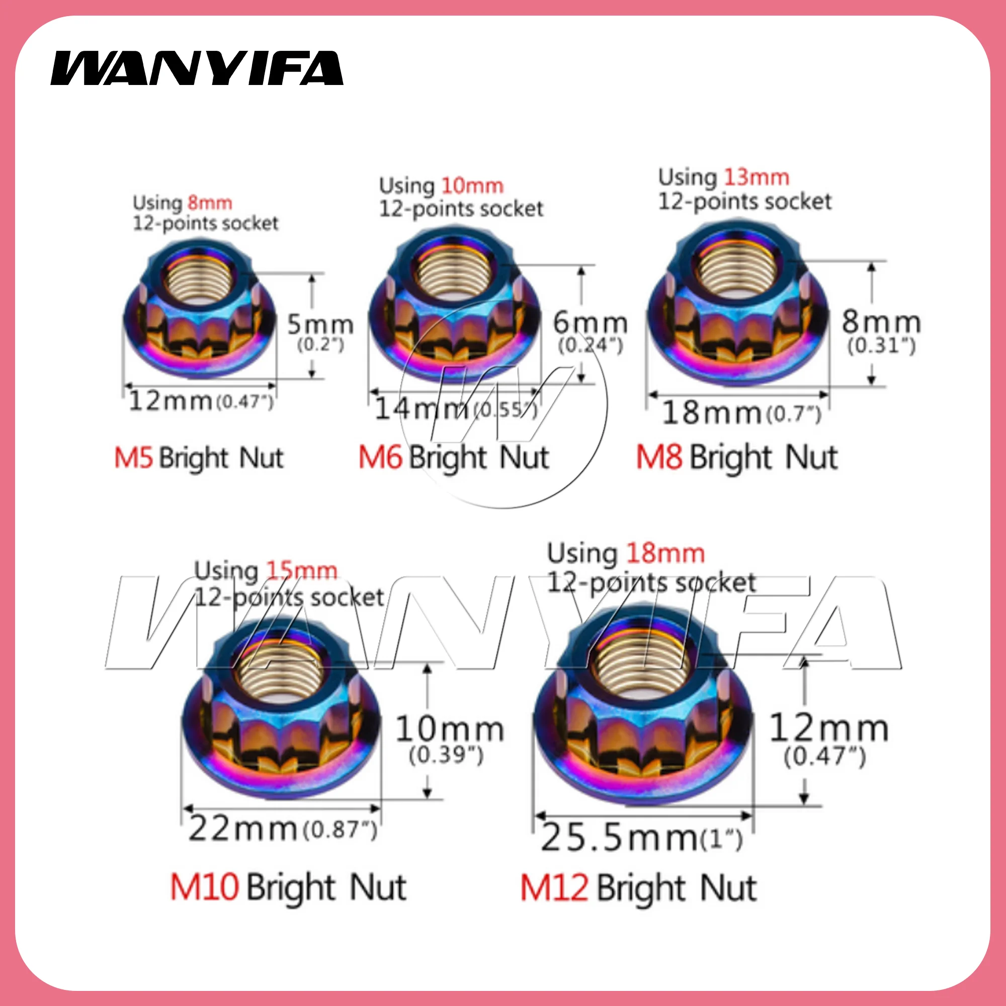 Wanyifa  Titanium Nut  M5/M6/M8/M10/M12 CNC External 12 Point Flange Nuts for Motorcycle Bike Car Rear Axle Fasteners