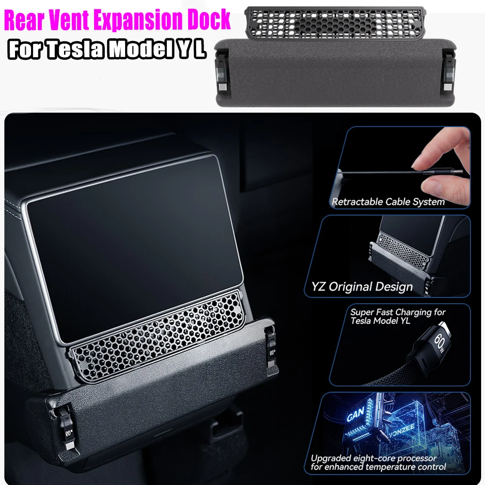For Tesla Model YL Rear Vent Fast Charging Aromatherapy Hub ABS Base with Dust Cover Retractable Cable Interior Accessory