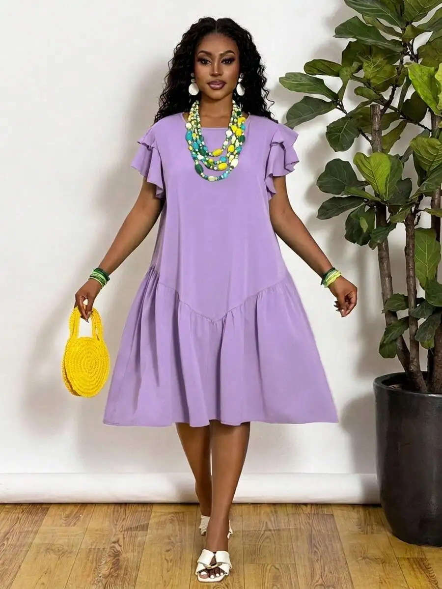 

Purple A-Line Knee-Length Ruffle Sleeve Round Neck Casual Dress For Women