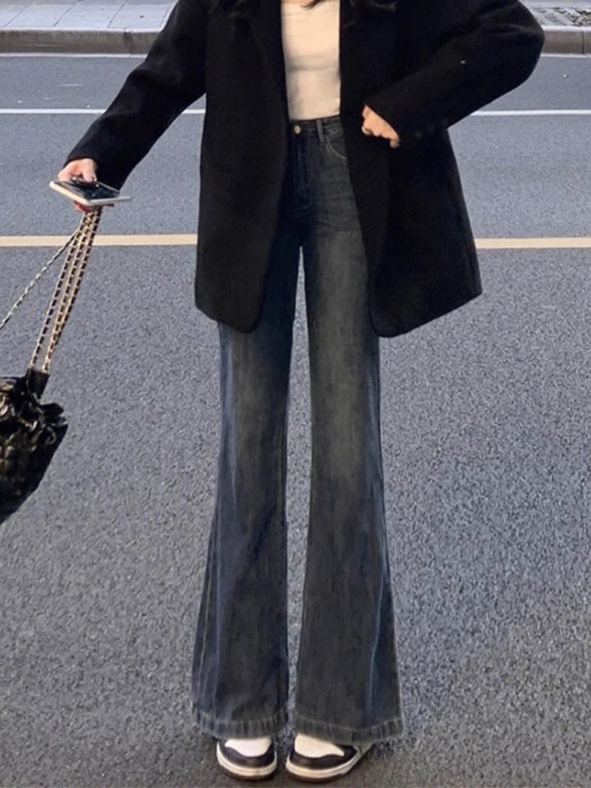 

High Waist Flared Jeans Women's Fce Lined Straight Leg Bootcut Denim Pants Vintage Sle Casual Wear Spring Autumn