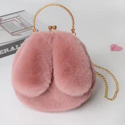 Cute Warm Winter Faux Fur Crossbody Bags for Girl Women Plush Handbag Lady Shoulder Bags Long-Eared Rabbit Messenger Bag