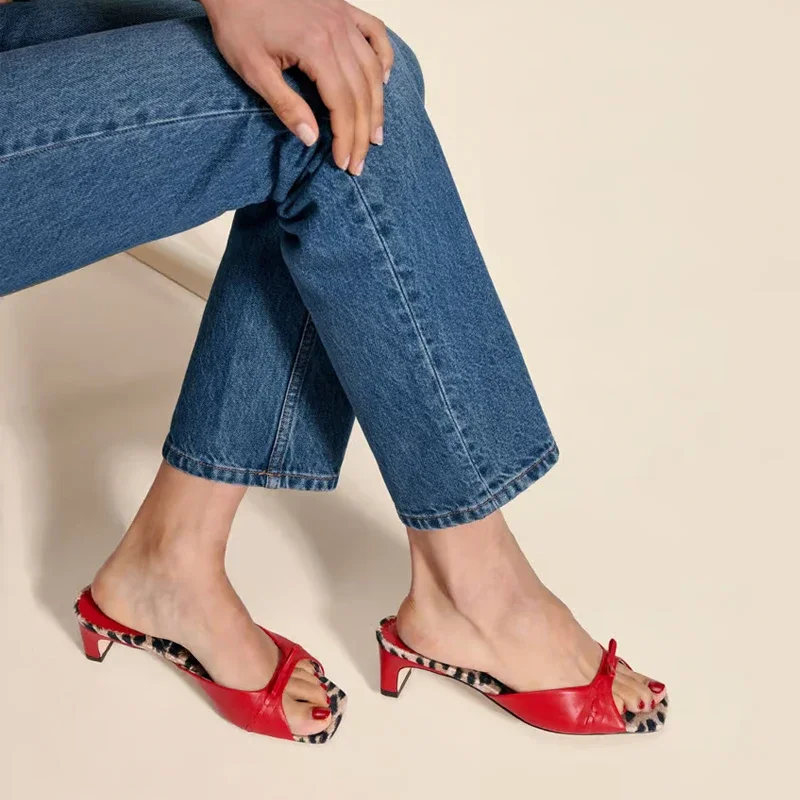 Red/leopard Square Toe High Heel Slippers Open Toe Women Retro Thick Heel Kitten Heel Sandals Mule Bow Fashion Slip On Sandals
